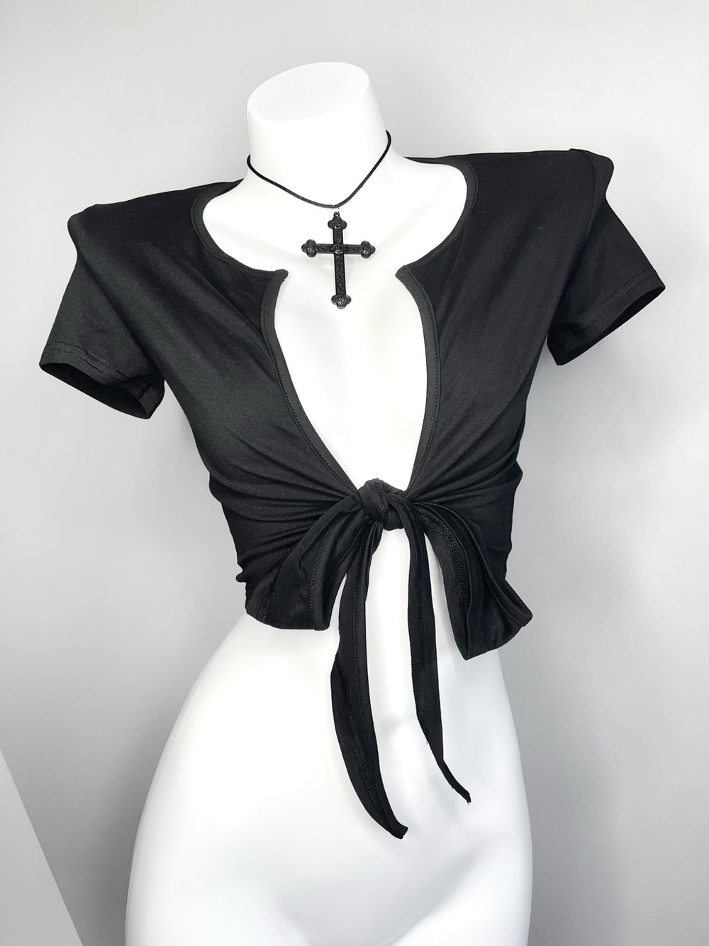 Black Tie-Front Cropped Bolero Top